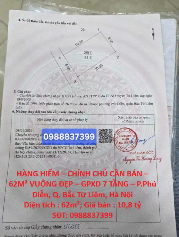 Hàng Hiếm – Chính Chủ Cần Bán – 62M² Vuông Đẹp – Gpxd 7 Tầng – P.phú Diễn, Q. Bắc Từ Liêm, Hà Nội