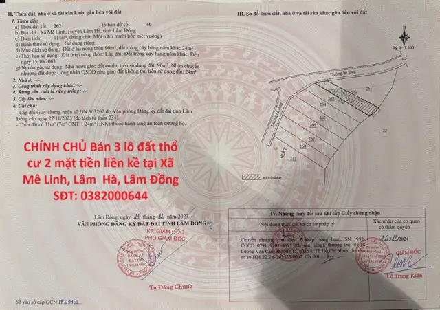 Chính Chủ Bán 3 Lô Đất Thổ Cư 2 Mặt Tiền Liền Kề Tại Xã Mê Linh, Lâm Hà, Lâm Đồng