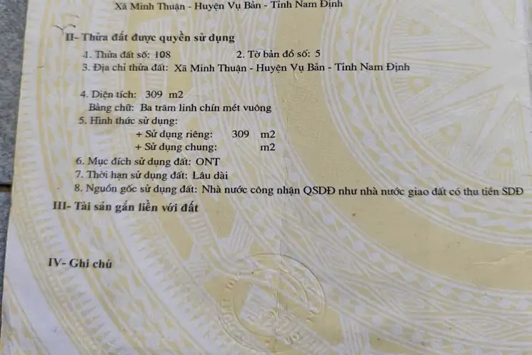 Chính Chủ Cần Bán(đất Cả  Nhà 2 Tầng Tại Xã Minh Thuận , Huyện Vụ Bản , Tỉnh Nam Định ]: - ảnh 1