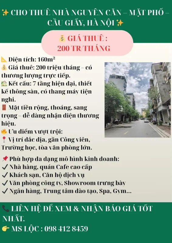Cho Thuê Nhà Nguyên Căn Mặt Phố Cầu Giấy, Hà Nội - 200 Triệu/Tháng
