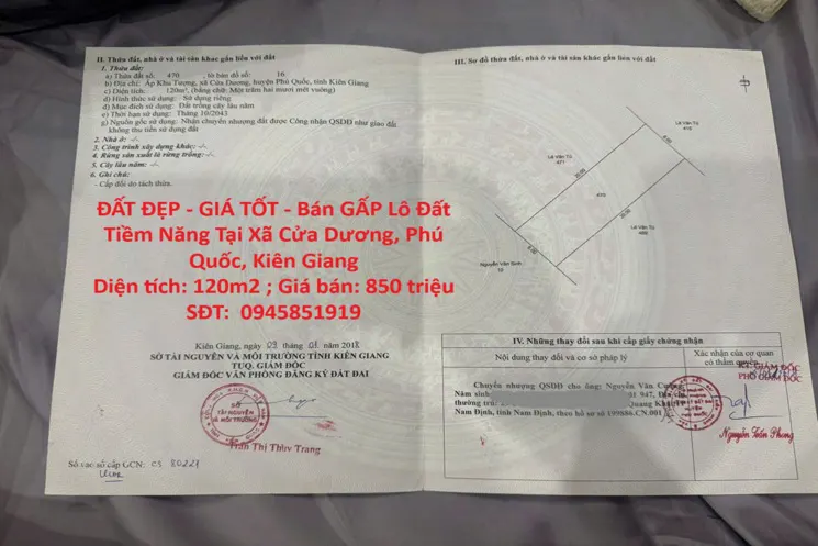 Đất Đẹp - Giá Tốt - Bán Gấp Lô Đất Tiềm Năng Tại Xã Cửa Dương, Phú Quốc, Kiên Giang