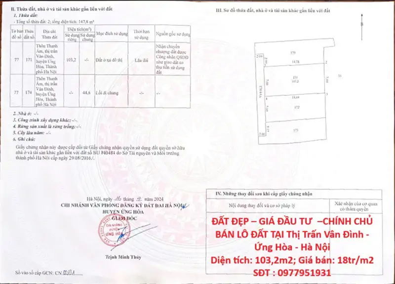 Đất Đẹp – Giá Đầu Tư  –Chính Chủ Bán Lô Đất Tại Thị Trấn Vân Đình - Ứng Hòa - Hà Nội