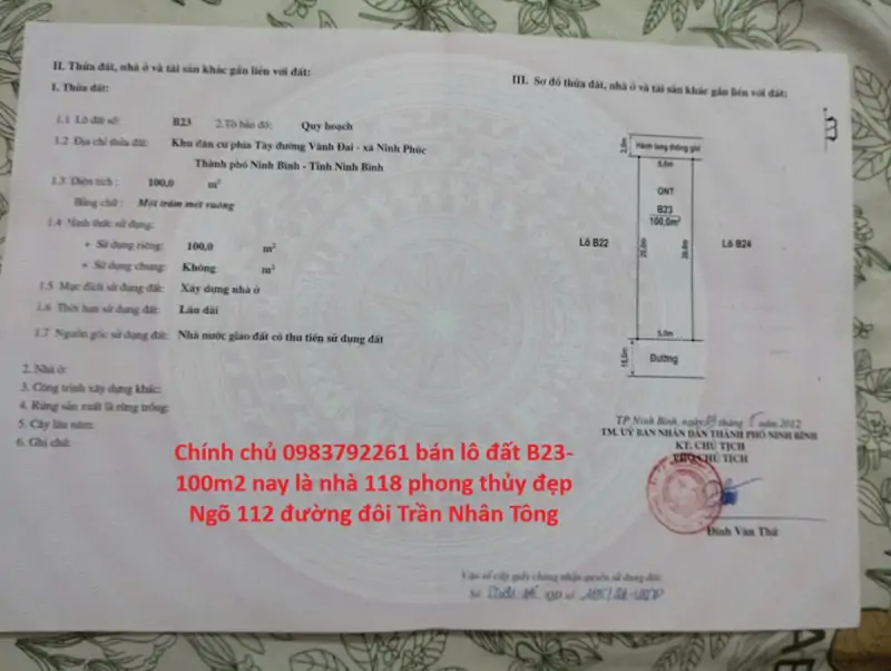 Tiêu Đề : Chính Chủ 0983792261 Bán Lô B23- 100M2 Nay Là Nhà 118 Phong Thủy Đẹp Ngõ 112 Đường Đôi