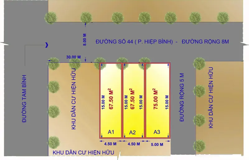 Mở Bán 3 Lô Đất Mặt Tiền Đường 44, Hiệp Bình Chánh. Dt 4,5X15. Giá Chỉ 6,75 Tỷ Tl