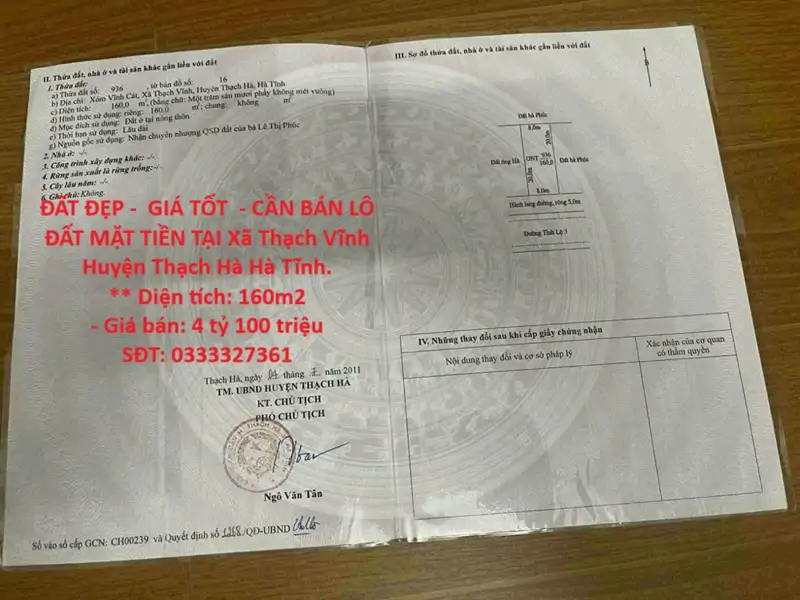Đất Đẹp -  Giá Tốt  - Cần Bán Lô Đất Mặt Tiền Tại Xã Thạch Vĩnh Huyện Thạch Hà Hà Tĩnh