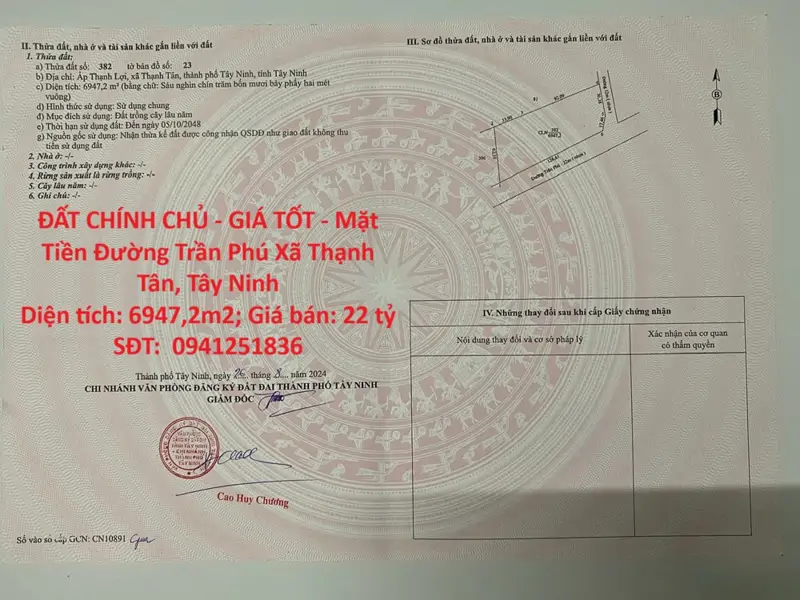 Đất Chính Chủ - Giá Tốt - Mặt Tiền Đường Trần Phú Xã Thạnh Tân, Tây Ninh