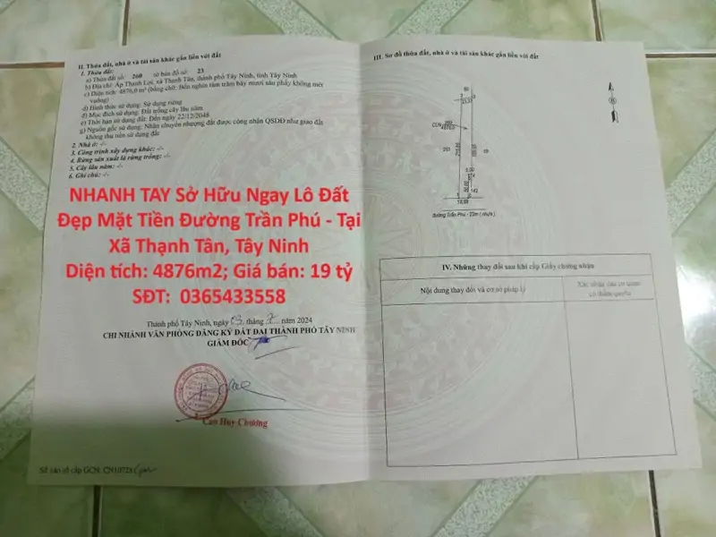 Nhanh Tay Sở Hữu Ngay Lô Đất Đẹp Mặt Tiền Đường Trần Phú - Tại Xã Thạnh Tân, Tây Ninh