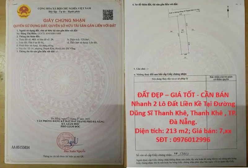 Đất Đẹp – Giá Tốt - Cần Bán Nhanh 2 Lô Đất Liền Kề Tại Đường Dũng Sĩ Thanh Khê, Thanh Khê , Tp. Đà