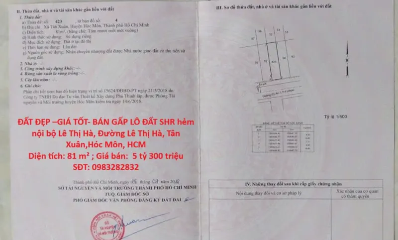 Đất Đẹp –Giá Tốt- Bán Gấp Lô Đất Shr Hẻm Nội Bộ Lê Thị Hà, Đường Lê Thị Hà, Tân Xuân,Hóc Môn, Hcm