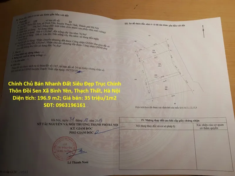 Chính Chủ Bán Nhanh Đất Siêu Đẹp Trục Chính Thôn Đồi Sen Xã Bình Yên, Thạch Thất, Hà Nội