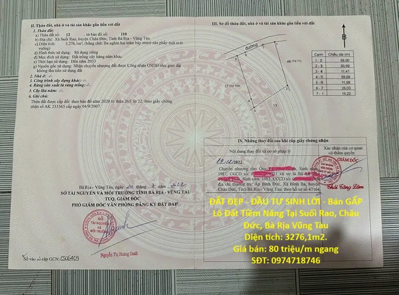 Đất Đẹp - Đầu Tư Sinh Lời - Bán Gấp Lô Đất Tiềm Năng Tại Suối Rao, Châu Đức, Bà Rịa Vũng Tàu