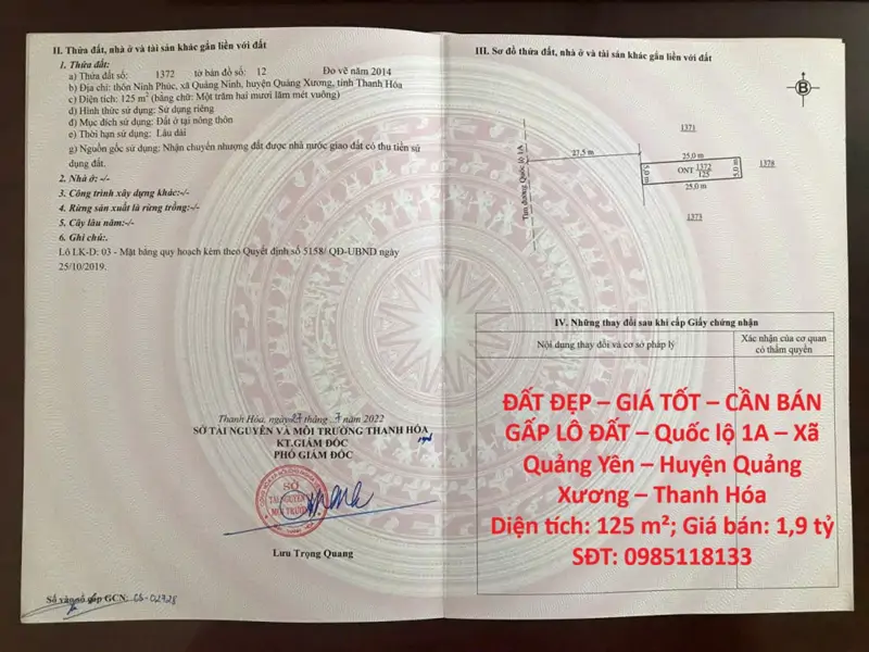 Đất Đẹp – Giá Tốt – Cần Bán Gấp Lô Đất – Quốc Lộ 1A – Xã Quảng Yên – Huyện Quảng Xương – Thanh Hóa