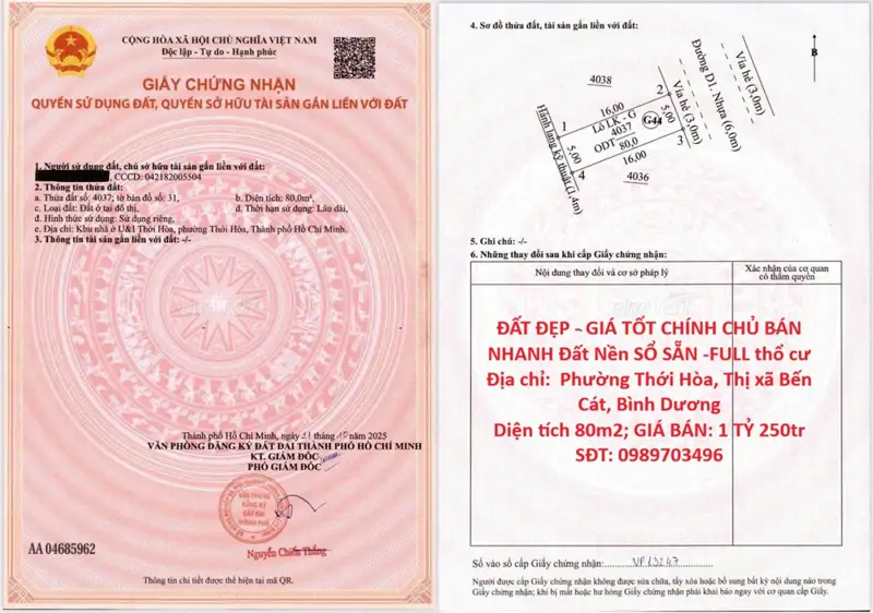 Đất Đẹp - Giá Tốt Chính Chủ Bán Nhanh Đất Nền Sổ Sẵn -Full Thổ Cư Phường Thới Hòa, Bến Cát