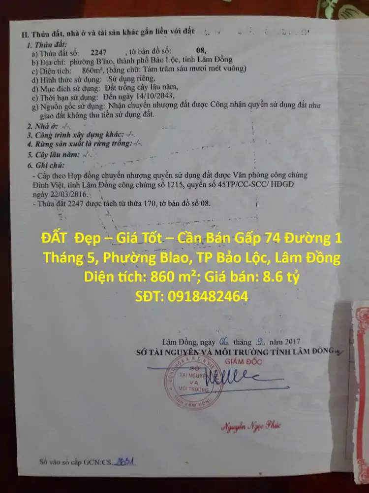 Đất Đẹp – Giá Tốt – Cần Bán Gấp – Đường 1 Tháng 5 – Phường Blao – Tp Bảo Lộc – Lâm Đồng