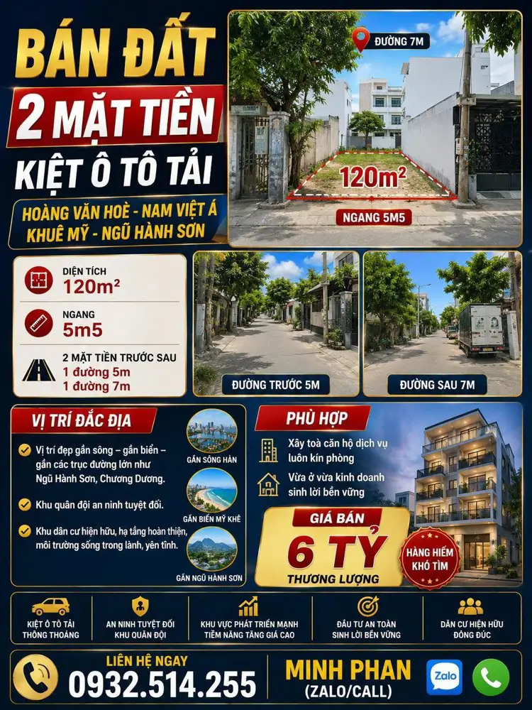 Chính Chủ Cần Bán Lô Đất Hoàng Văn Hoè - 2 Mặt Tiền Trước Sau - 120 M2 - Giá Chỉ 6 Tỷ - Liên Hệ - ảnh 1