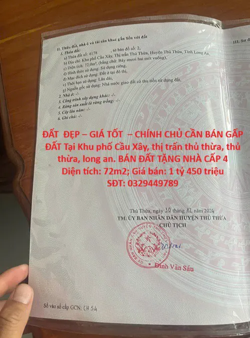 Đất Đẹp – Giá Tốt – Chính Chủ Cần Bán Gấp Đất Tại Khu Phố Cầu Xây, Thị Trấn Thủ Thừa, Thủ Thừa,