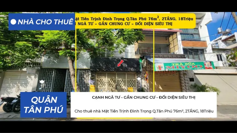 Cho Thuê Nhà Mặt Tiền Trịnh Đình Trọng Q.tân Phú 76M², 2Tầng, 18Triệu, Cạnh Ngã Tư