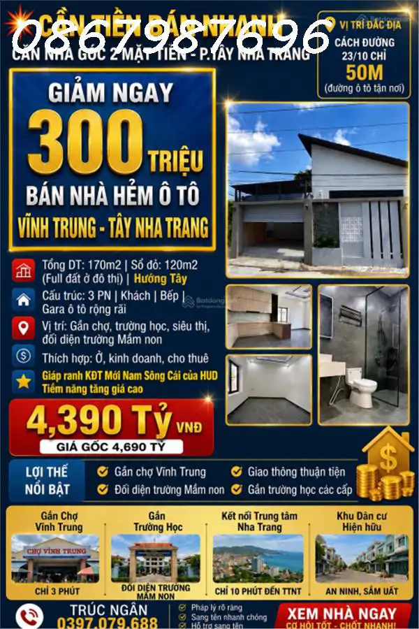 [Siêu Phẩm Căn Góc] Nhà Mới Đẹp Đối Diện Trường Mầm Non Vĩnh Trung – Tây Nha Trang – Đất 170M² – Có - ảnh 1