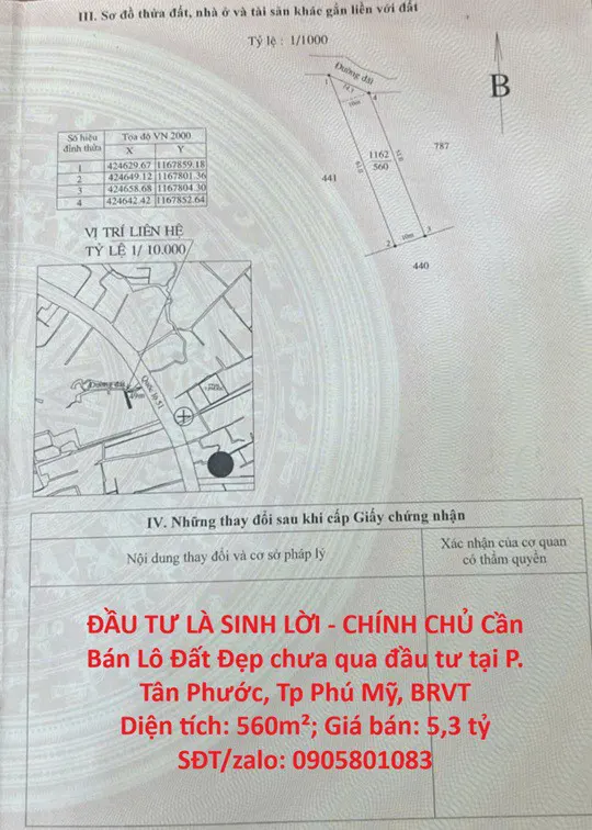 Đầu Tư Là Sinh Lời - Chính Chủ Cần Bán Lô Đất Đẹp Chưa Qua Đầu Tư Tại P. Tân Phước, Tp Phú Mỹ, Brvt