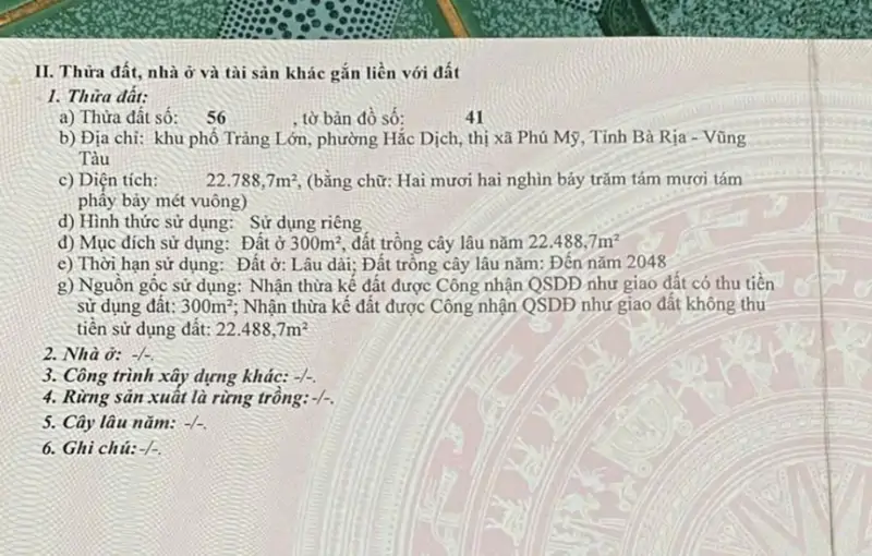 Bán Đất Diện Tích Lớn Tại Trung Tâm Phường Hắc Dịch – Tx Phú Mỹ, Bà Rịa Vũng Tàu