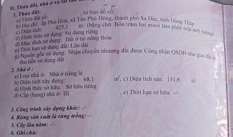 Bán Đất Thổ Cư 425M2 Đường Lê Hồng Phong, P.tân Phú Đông, Tp Sa Đéc, Đồng Tháp. Sổ Hồng, Hướng Đn