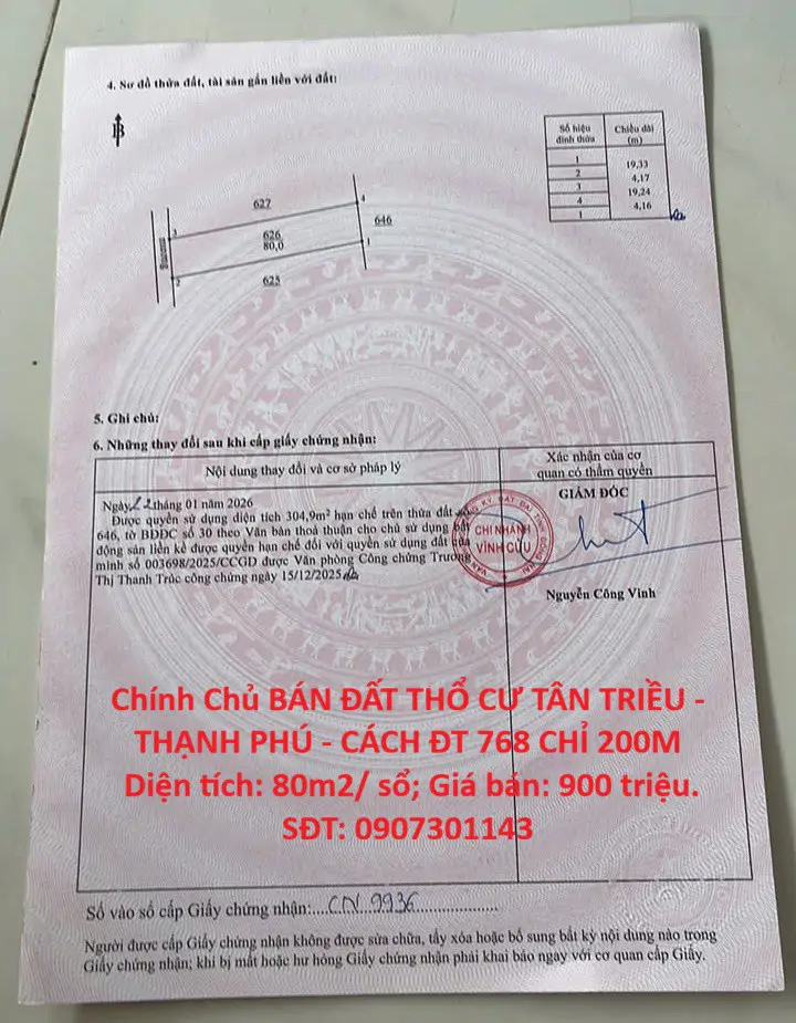 Chính Chủ Bán Đất Thổ Cư Tân Triều - Thạnh Phú - Cách Đt 768 Chỉ 200M