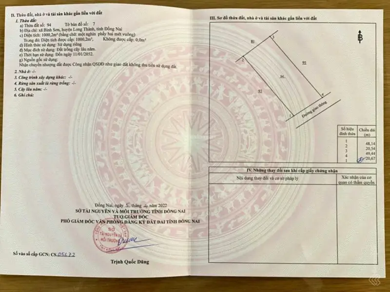 Bán Đất Xã Bình Sơn Long Thành 1000.2M2, Giá 8,7 Tỷ