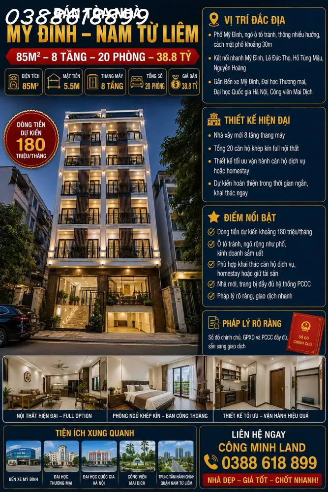 Bán Tòa Nhà Mỹ Đình - Nam Từ Liêm - 85M² - 8 Tầng - 20 Phòng - Dt 180 Tr/th - 38.8 Tỷ