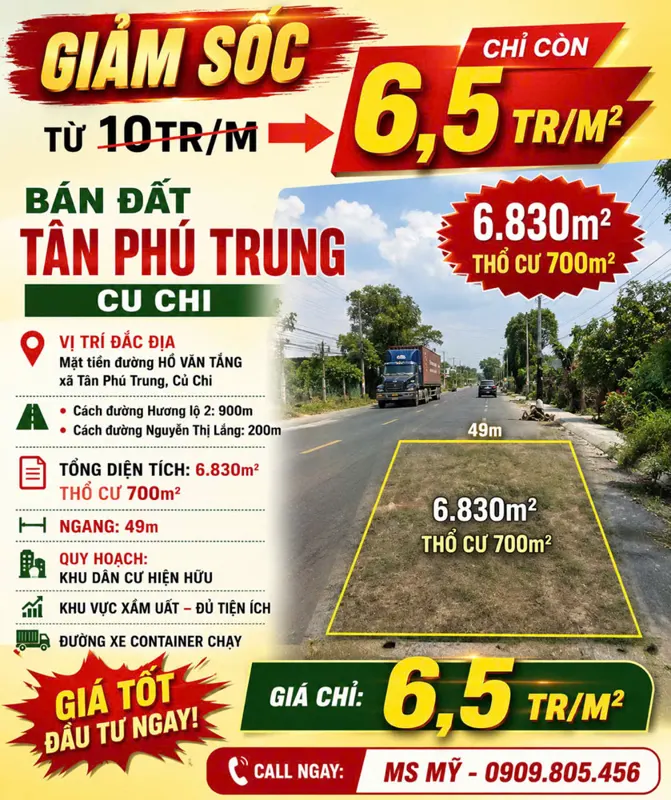 Giảm Sốc 35% – Mặt Tiền Hồ Văn Tắng, Tân Phú Trung, Củ Chi Ngộp Gấp