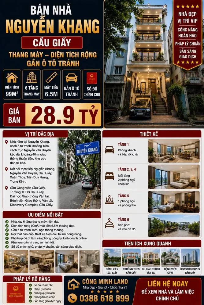 Bán Nhà Nguyễn Khang - Cầu Giấy - Thang Máy, Diện Tích Rộng, Gần Ô Tô Tránh - 99 M2 - 6 Tầng - Mt