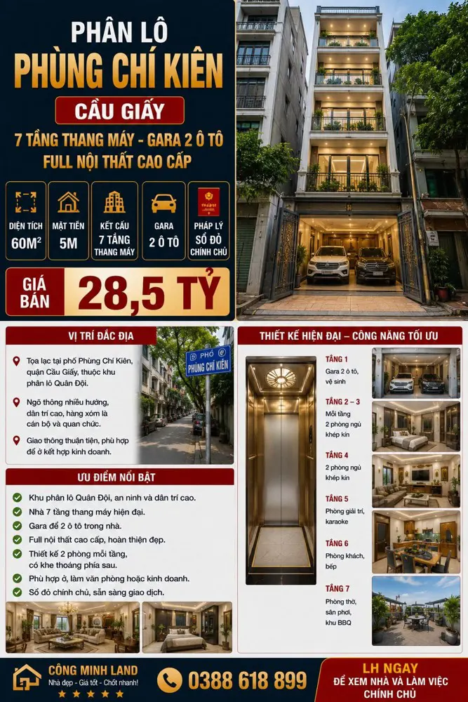 Phân Lô Phùng Chí Kiên - Cầu Giấy 60M² - 7 Tầng Thang Máy - Gara 2 Ô Tô - Full Nội Thất - Giá 28,5