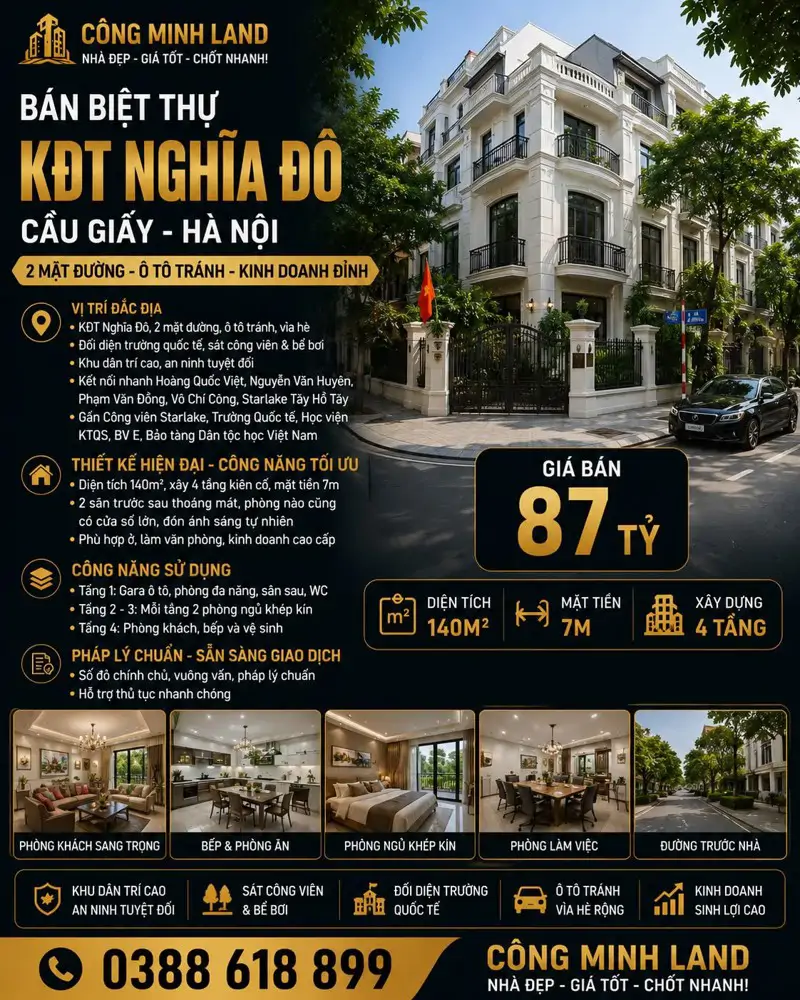 Bán Biệt Thự Kđt Nghĩa Đô - Cầu Giấy - 2 Mặt Đường, Ô Tô Tránh - Kinh Doanh Đỉnh - 140M2 - Mt 7M 
