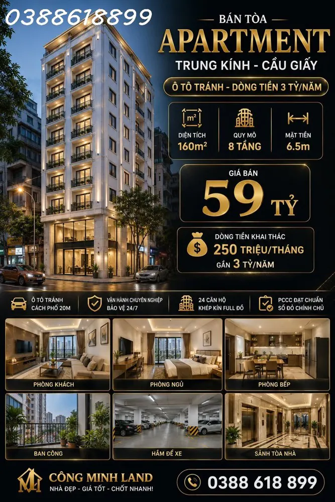 Bán Tòa Apartment Trung Kính - Cầu Giấy - Ô Tô Tránh - Dòng Tiền 3 Tỷ/năm - 160M2 - 8 Tầng - Mt