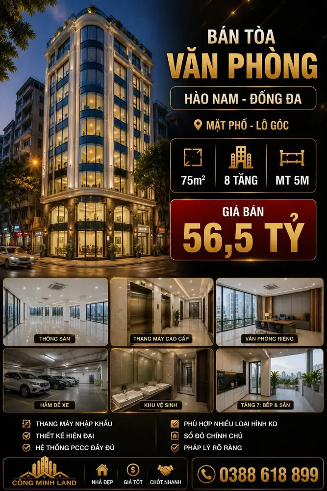 Bán Tòa Vp Mặt Phố Hào Nam - Đống Đa - Lô Góc - 75M2 - 8 Tầng - Mt 5M - 56,5 Tỷ