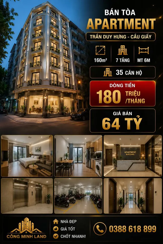 Bán Tòa Apartment Trần Duy Hưng - Cầu Giấy - Dt 180 Triệu/tháng - - 160M² - 7 Tầng - Mt 6M - 64 Tỷ