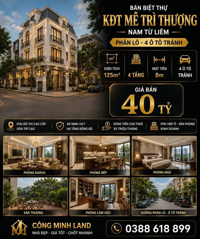 Bán Biệt Thự Kđt Mễ Trì Thượng - Nam Từ Liêm - Phân Lô 4 Ô Tô Tránh - 125M2 - 4 Tầng - Mt 8M - 40 Tỷ
