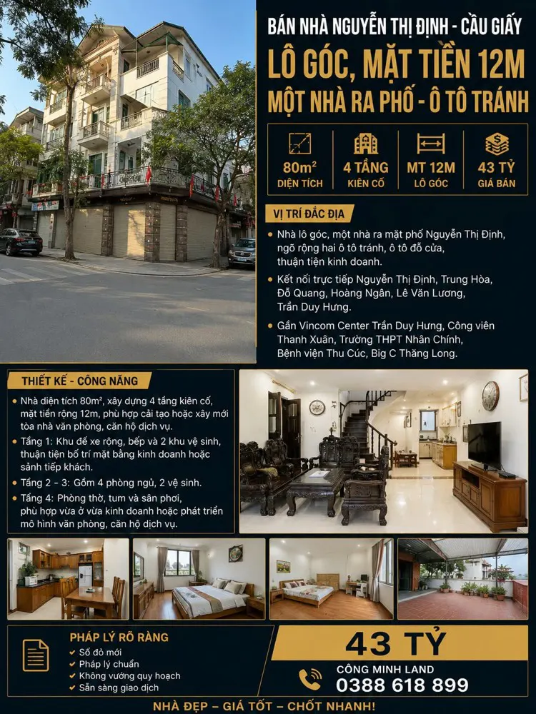 Bán Nhà Nguyễn Thị Định - Cầu Giấy - Lô Góc, Mặt Tiền 12 M, Một Nhà Ra Phố - Ô Tô Tránh - 80M2 - 43