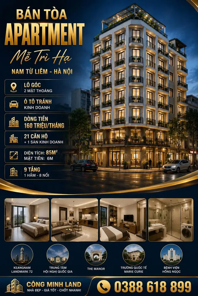 Bán Tòa Apartment Mễ Trì - Nam Từ Liêm - Lô Góc - Ô Tô Kd - Dt 160 Tr/th - 85M² - 9 Tầng - Mt 6M