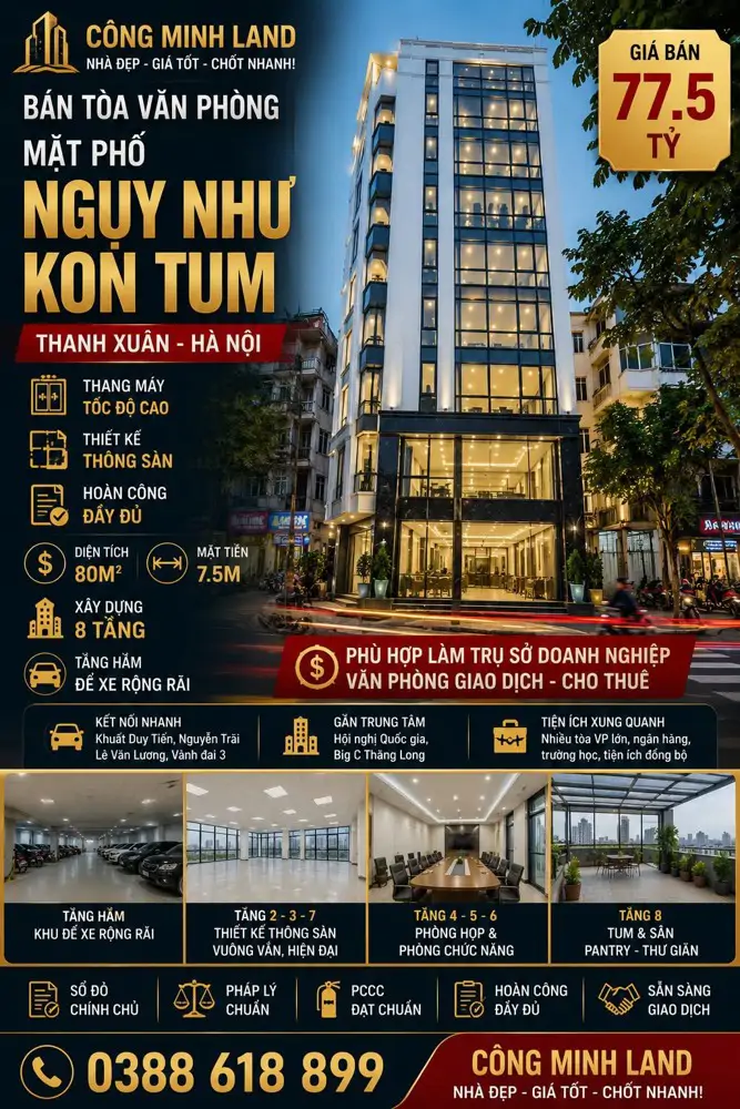 Bán Tòa Vp Mặt Phố Ngụy Như Kon Tum - Thanh Xuân - 80M2 - 8 Tầng - Mt 7.5M - 77.5 Tỷ
