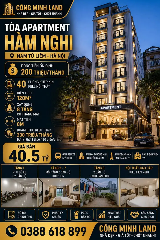 Bán Tòa Apartment Hàm Nghi - Nam Từ Liêm - 40 Phòng - Dt 200 Tr/th - 120M2 - 8 Tầng - Mt 8M - 40.5