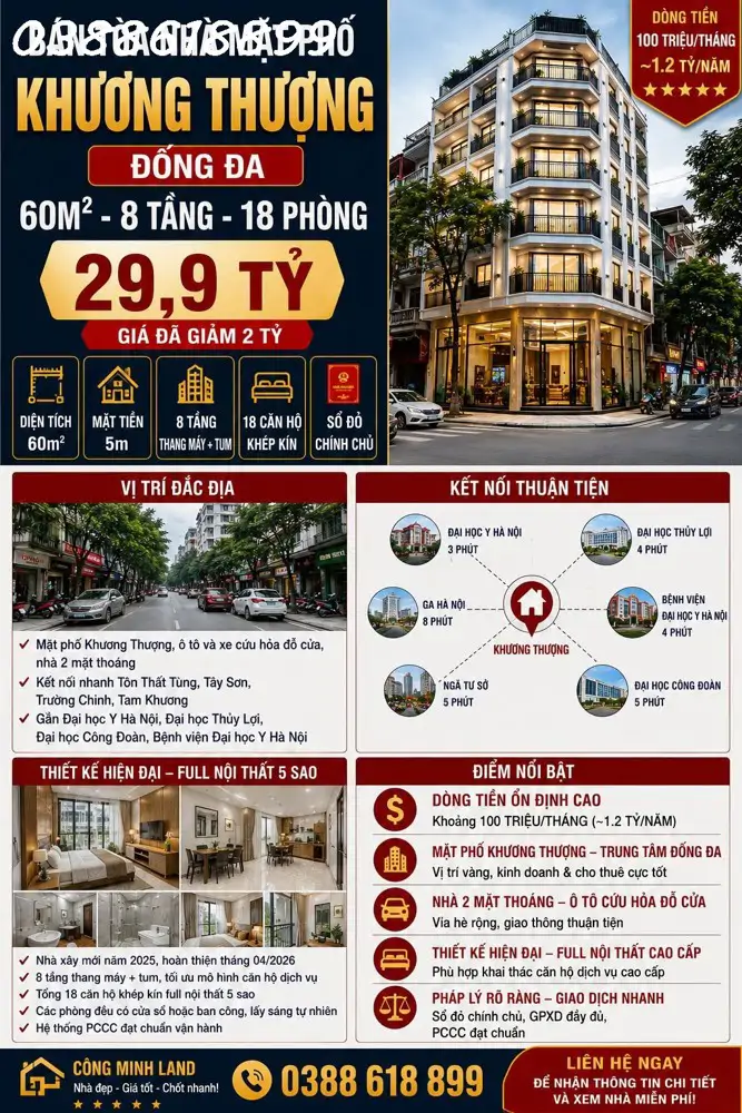 Bán Tòa Nhà Mặt Phố Khương Thượng - Đống Đa - 60M² - 8 Tầng - 18 Phòng - 29,9 Tỷ