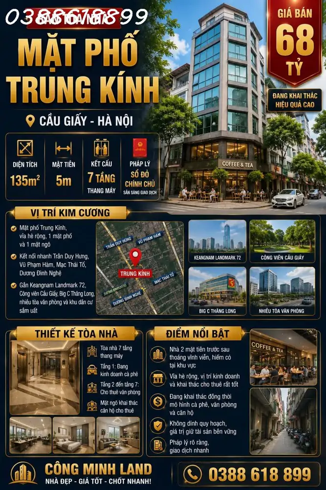 Bán Tòa Nhà Mặt Phố Trung Kính - Cầu Giấy - 135M² - 7 Tầng Thang Máy - Mặt Tiền 5M - 68 Tỷ