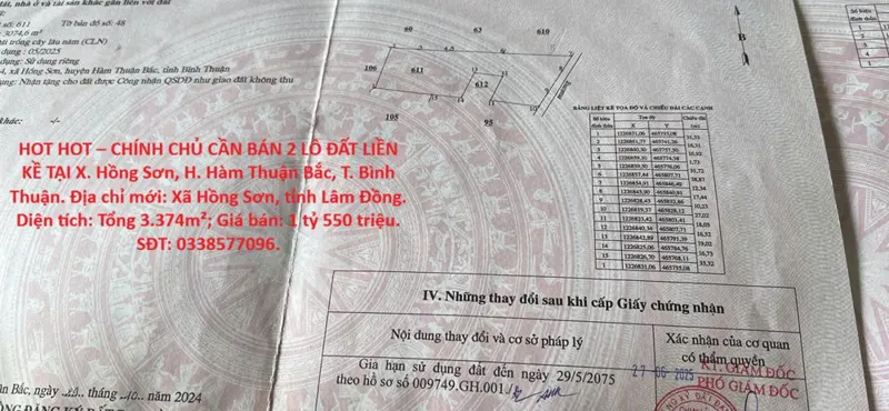 Hot Hot – Chính Chủ Cần Bán 2 Lô Đất Liền Kề Tại X. Hồng Sơn, H. Hàm Thuận Bắc, T. Bình Thuận