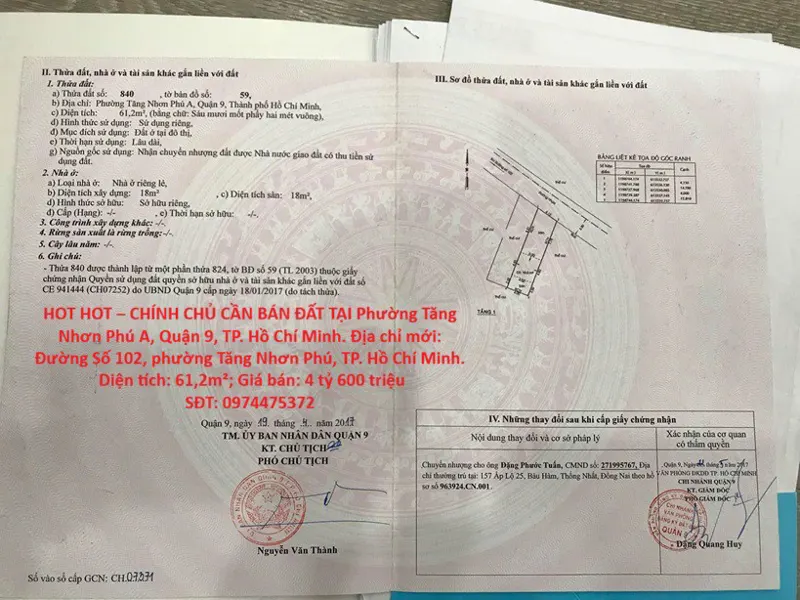 Hot Hot – Chính Chủ Cần Bán Đất Tại Phường Tăng Nhơn Phú A, Quận 9, Tp. Hồ Chí Minh