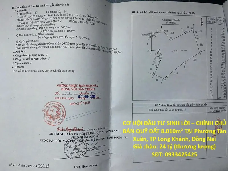 Cơ Hội Đầu Tư Sinh Lời – Chính Chủ Bán Quỹ Đất 8.010M² Tại Phường Xuân Tân, Tp Long Khánh, Đồng Nai