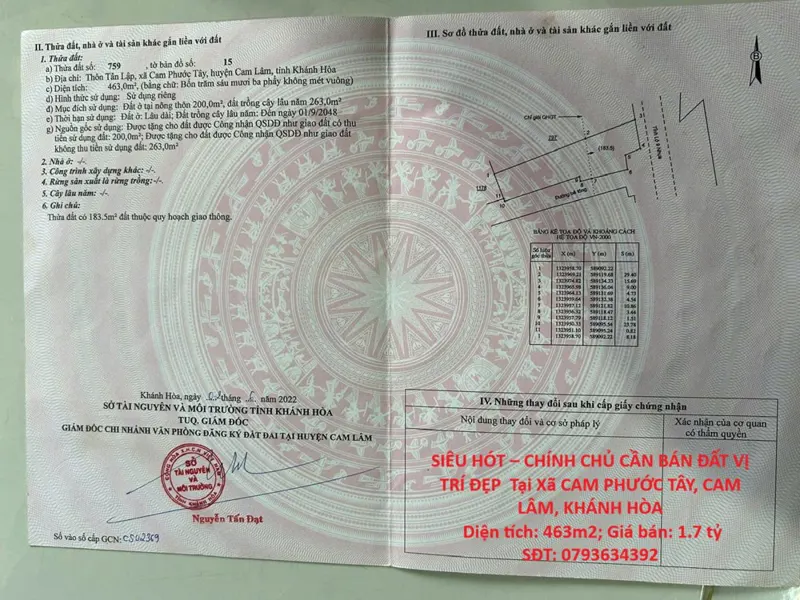 Siêu Hót – Chính Chủ Cần Bán Đất Vị Trí Đẹp Tại Xã Cam Phước Tây, Cam Lâm, Khánh Hòa