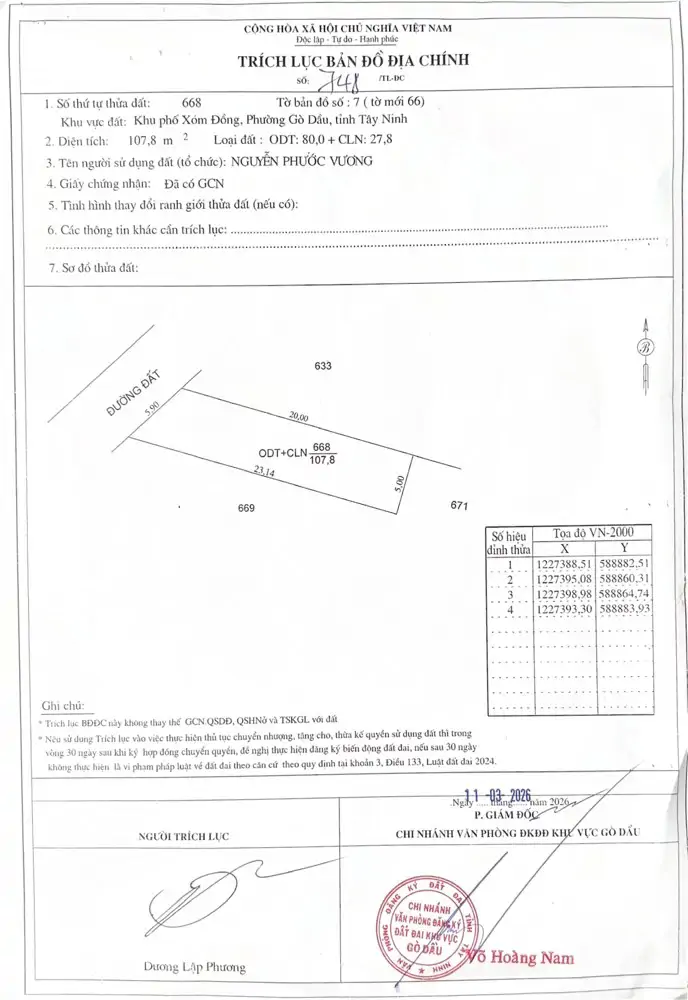 Chính Chủ Bán Đất Diện Tích 107.8M2 Sẵn Sổ, Giá Tốt Nhất Khu Vực Gò Dầu, Tây Ninh