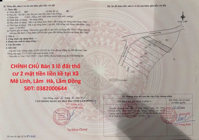 Chính Chủ Bán 3 Lô Đất Thổ Cư 2 Mặt Tiền Liền Kề Tại Xã Mê Linh, Lâm Hà, Lâm Đồng