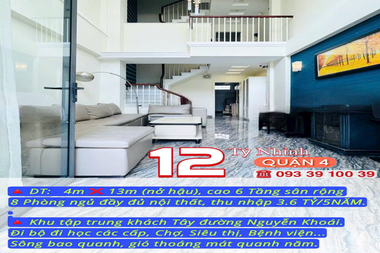 BÁN NHÀ KẾ QUẬN 1- 6 TẦNG 8 PHÒNG ĐỦ NỘI THẤT-NGUYỄN KHOÁI QUẬN 4-THU NHẬP 3.6 TỶ/5NĂM: nhỉnh 12 TỶ