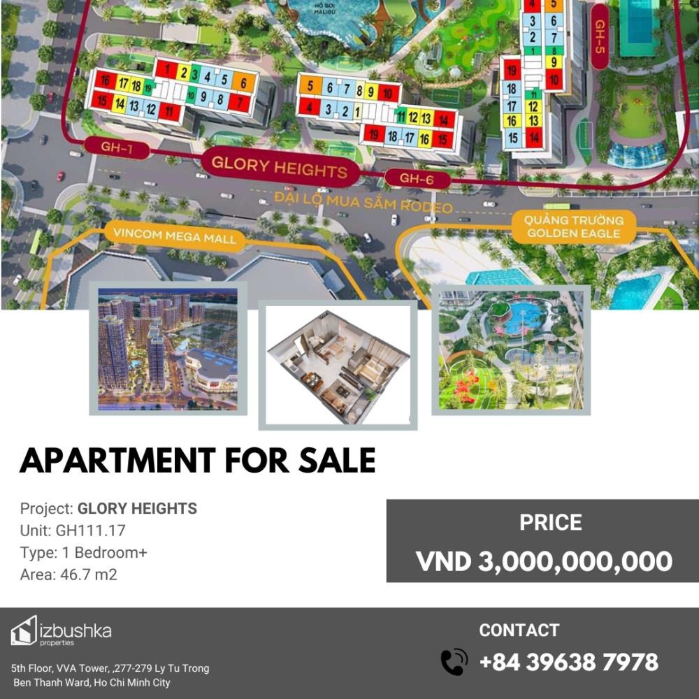 Bán Căn Hộ 1PN, Ban Công Tại Glory Height, Vinhome Grand Park, HCM